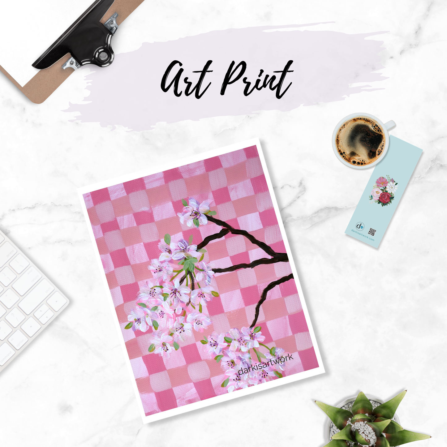 Checkered Pink Cherry Blossoms PRINT 8.5x11in