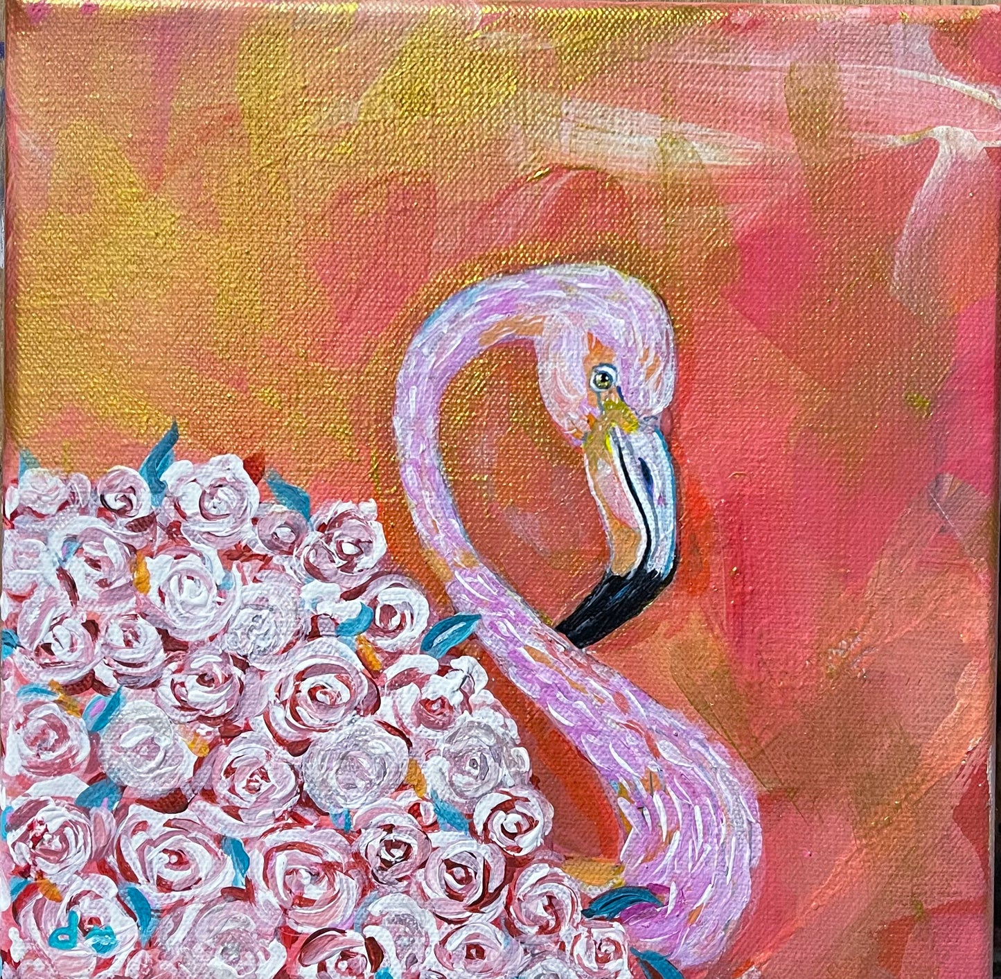 Pink Floral Flamingo # 2 Hand-painted Original 8x8in