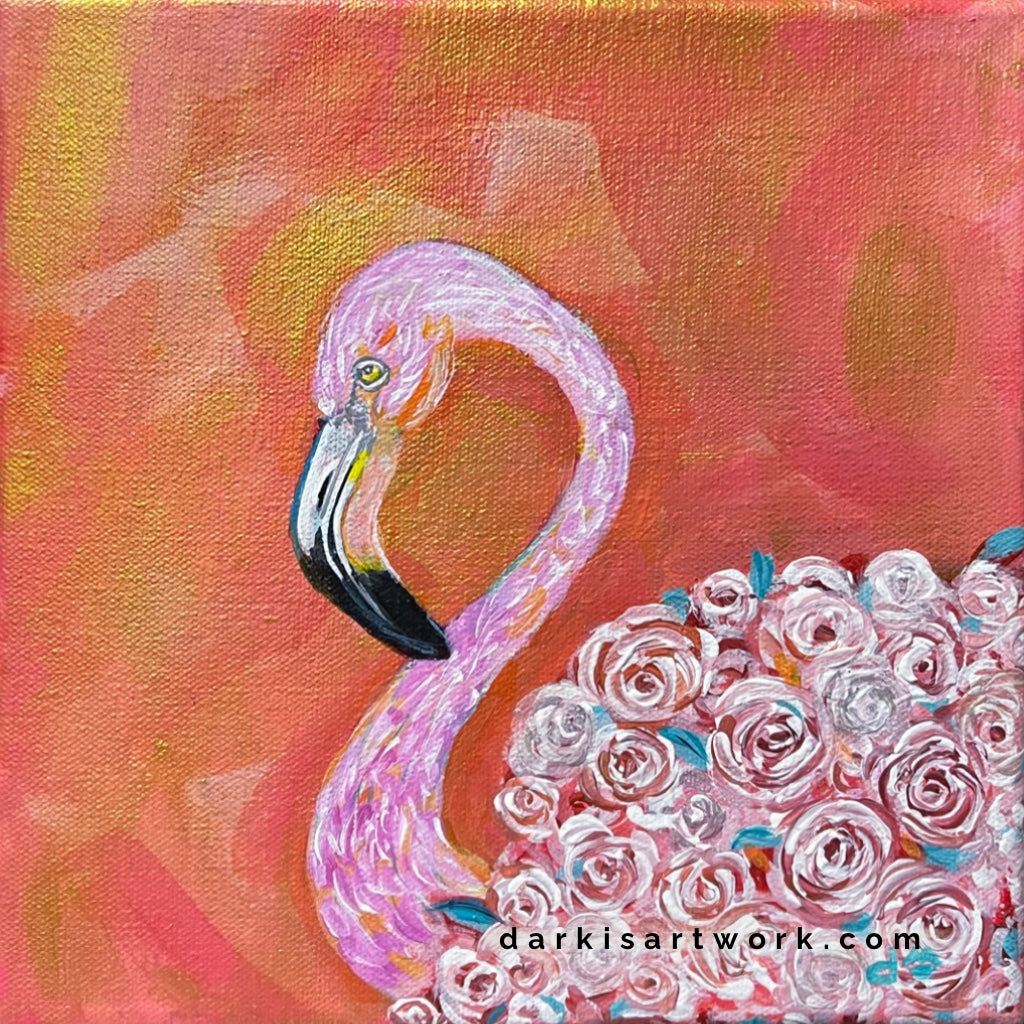 Pink Floral Flamingo # 3 Hand-painted Original 8x8in