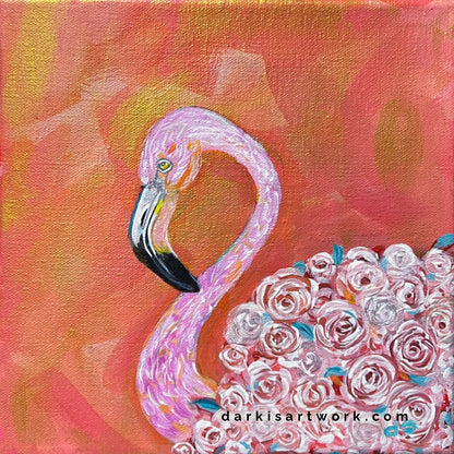 Pink Floral Flamingo # 3 Hand-painted Original 8x8in