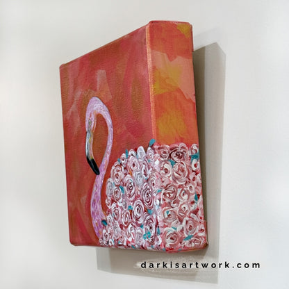 Pink Floral Flamingo # 3 Hand-painted Original 8x8in