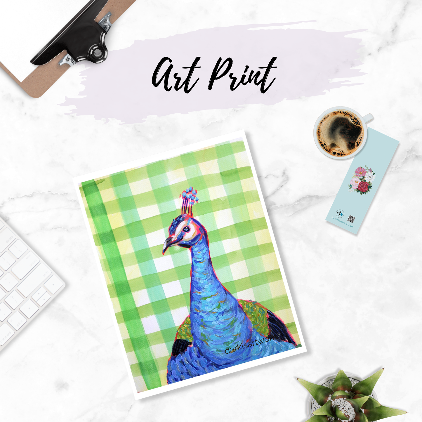 Checkered Green Peacock PRINT 8.5x11in