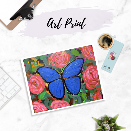 Blue Morpho Butterfly Pink Roses PRINT 8.5x11in