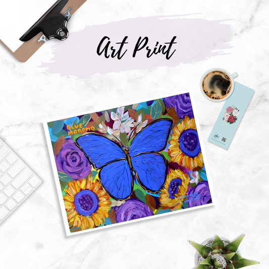 Blue Morpho Butterfly Sunflowers PRINT 8.5x11in