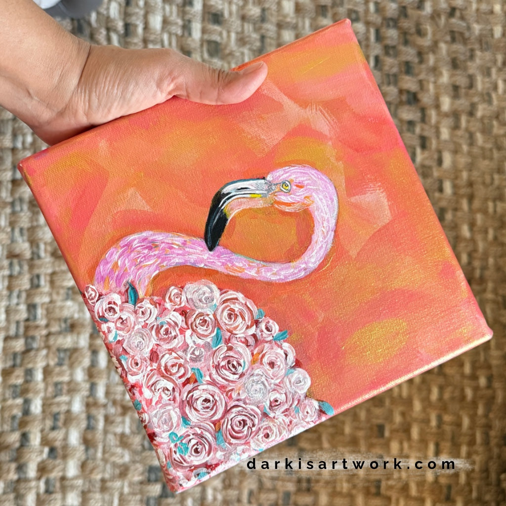 Pink Floral Flamingo # 3 Hand-painted Original 8x8in