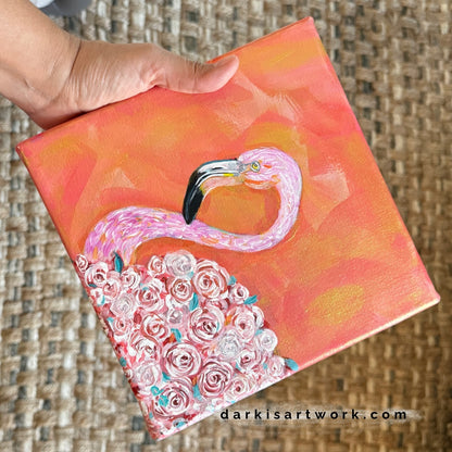 Pink Floral Flamingo # 3 Hand-painted Original 8x8in
