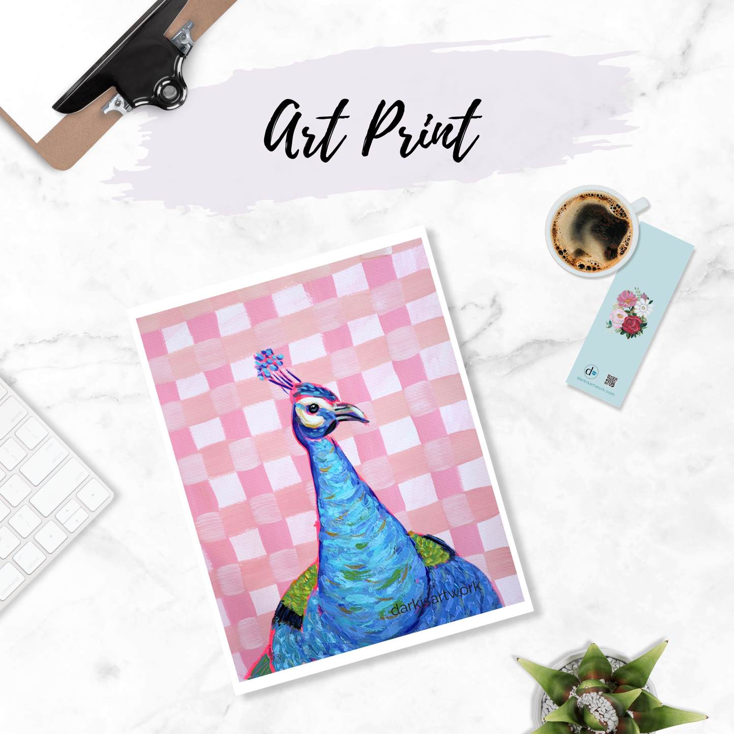 Checkered Pink Peacock PRINT 8.5x11in
