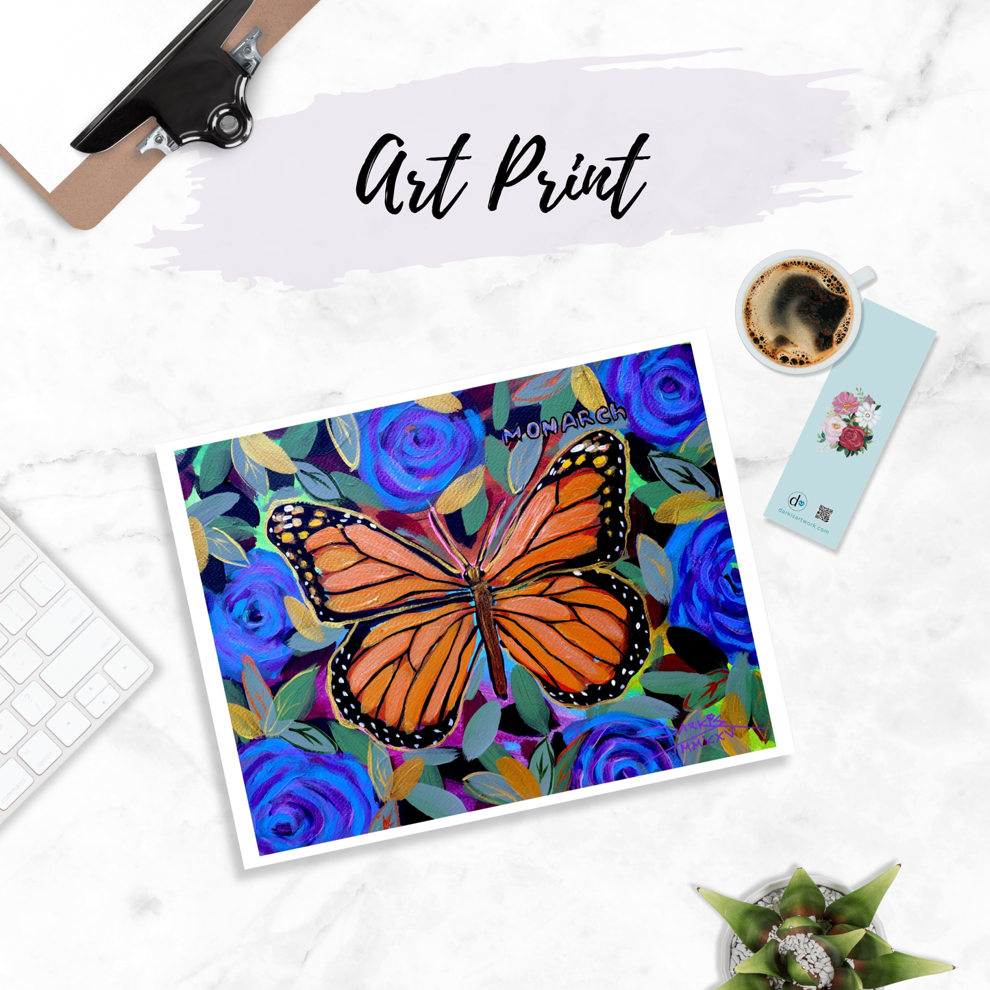 Monarch Butterflies Garden Blue Roses PRINT 8.5x11in