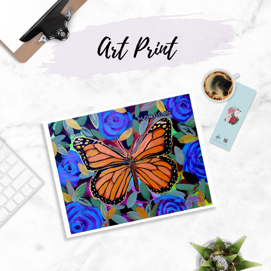 Monarch Butterflies Garden Blue Roses PRINT 8.5x11in