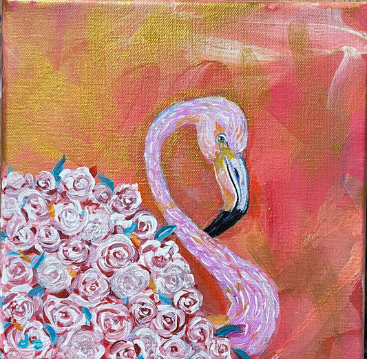 Pink Floral Flamingo # 2 Hand-painted Original 8x8in